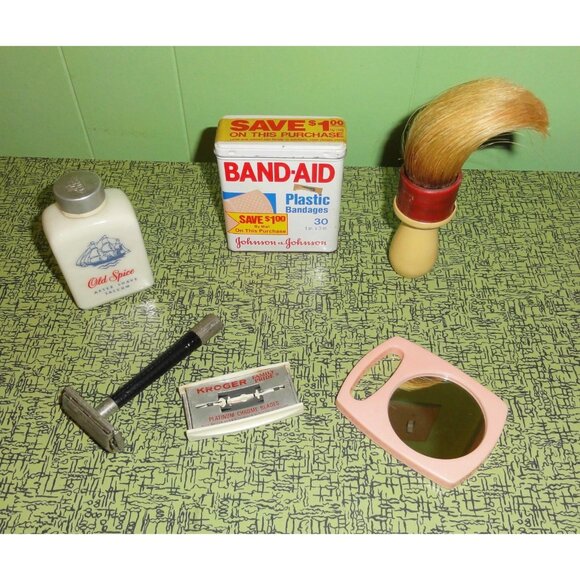 Vintage Shaving & First Aid Bathroom Lot razor celluloid shaving brush band-aid - Picture 5 of 15
